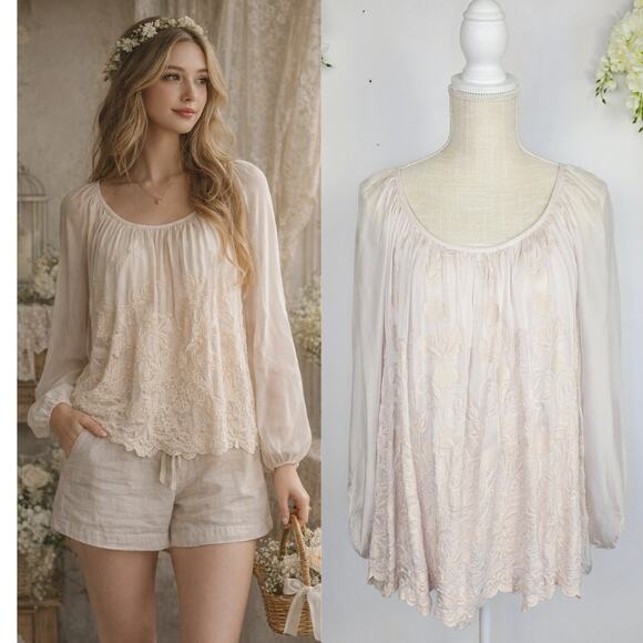 Angela Moda Tops - Angela Italy Silk Blouse Large Pink Embroidered Boho Peasant Cottage Coquette